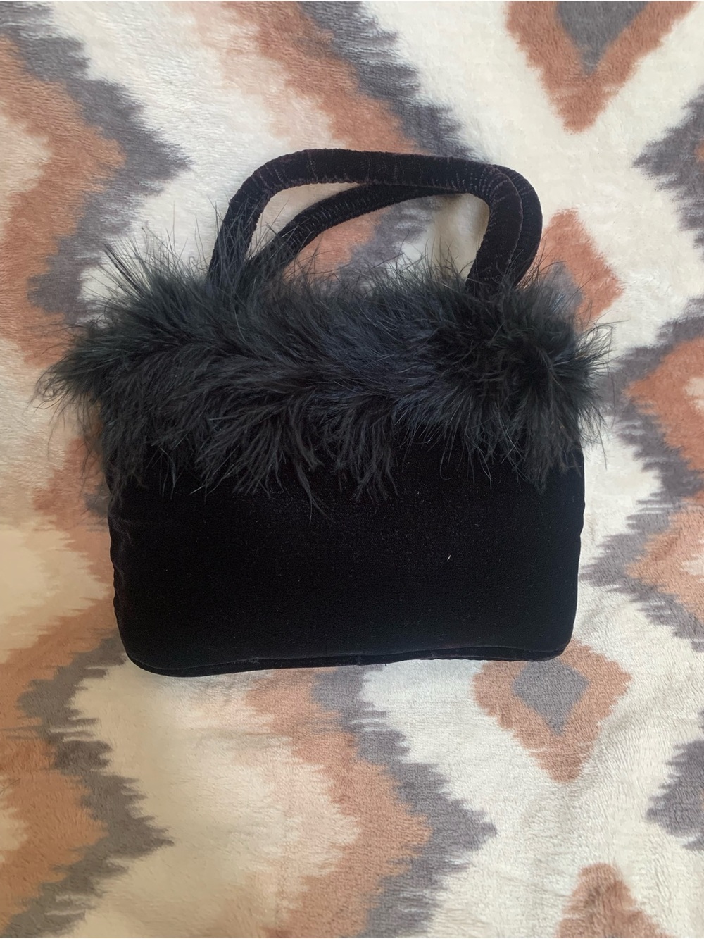 2000s Gap Mini Top Handle Black Velvet Purse with Faux Feathers